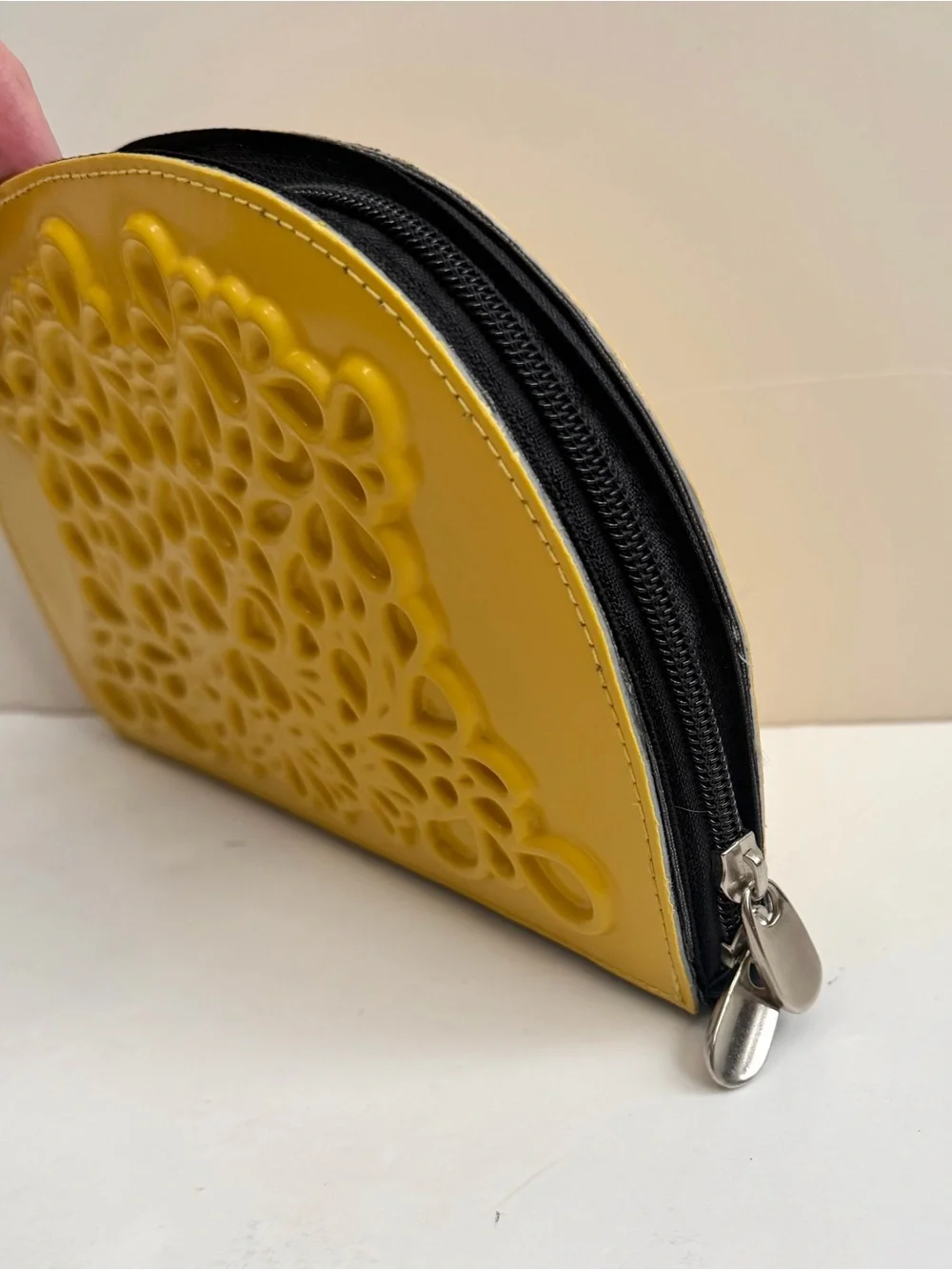 MeDusa Gold Yellow Floral Embossed Half-Moon Clutch Vegan Leather